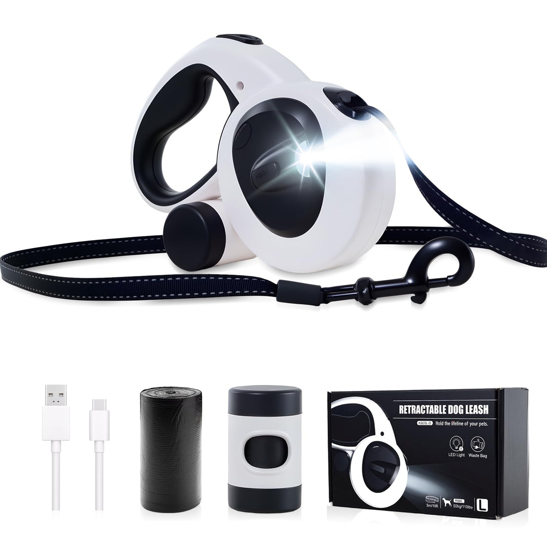 5M einziehbare Hundeleine 4-in-1-Hundeleine mit LED-Licht,Spender,Kotbeuteln,Schnellverschlussbremse