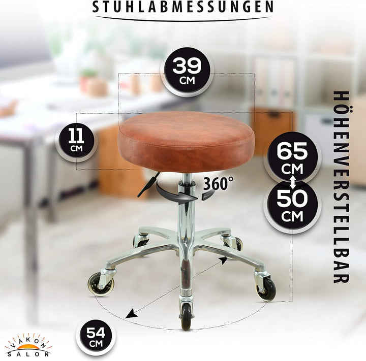 VAKON SALON - Premium Rollhocker Hellbraun höhenverstellbar von 50 bis 65 cm - Rundsitz- Drehhocker
