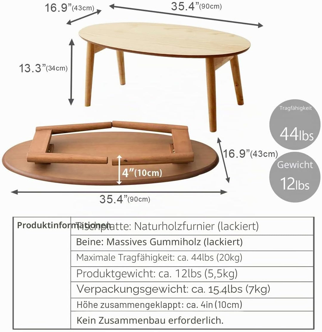 EMOOR Klapptisch Holz, Klein-Oval (B90xD43cm) Naturfarben, Couchtish Tatami Tisch 90 x 43 x 34 cm Na