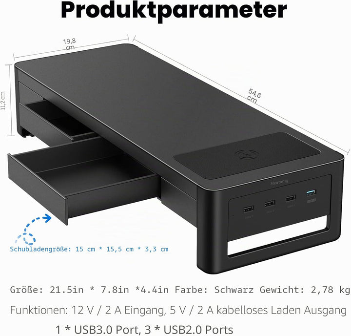 meatanty Monitorständer, 3 in 1 Monitorständer mit USB-Anschlüssen, kabellosem Ladegerät und Schubla