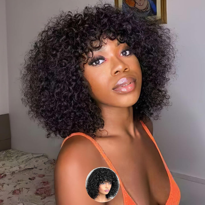 Echthaar Perücke mit Pony Kurze lockige Bob Perücke Echthaar Jerry Curl Bob Perücke für schwarze Fra