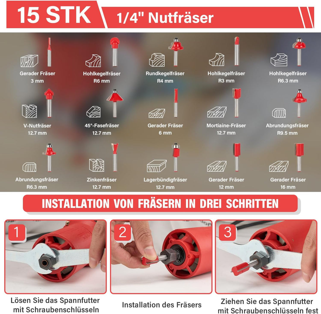 TEENO Holzfräse Oberfräse 800W 31000 U/min Mit Staubabsaugungsanschluss, Elektrik Kantenfräse Mit 15