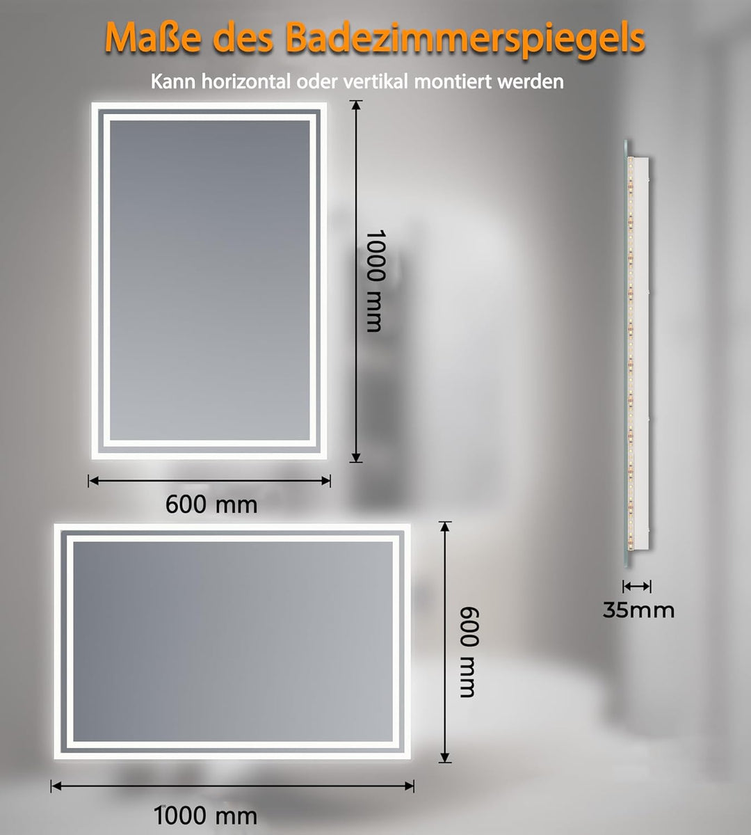 Badspiegel Mit Beleuchtung, 100L x 60B cm - Badezimmerspiegel Mit Beleuchtung, Stufenlose Dimmung, 3