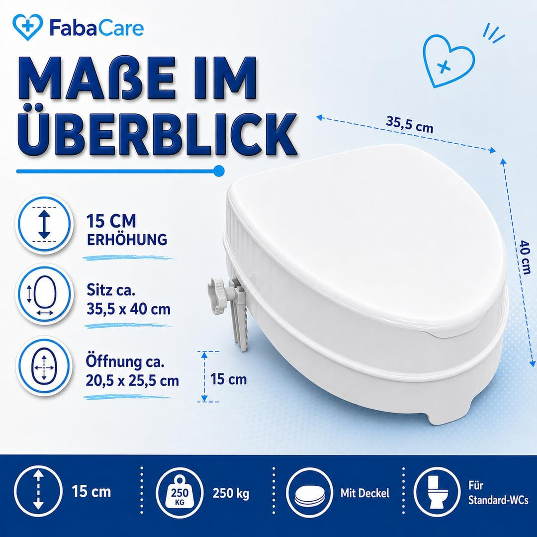 FabaCare Toilettensitzerhöhung Smart, Toilettenaufsatz, WC-Sitz bis 250 kg belastbar, 15 cm mit Deck