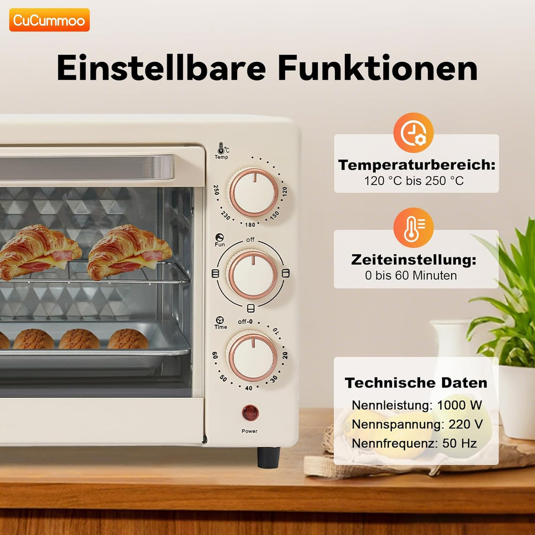 22 L Minibackofen, Klein mini Backofen mit Grillpfanne & Grillrost, 1000 W, 60Mins Timer, Pizza-Ofen