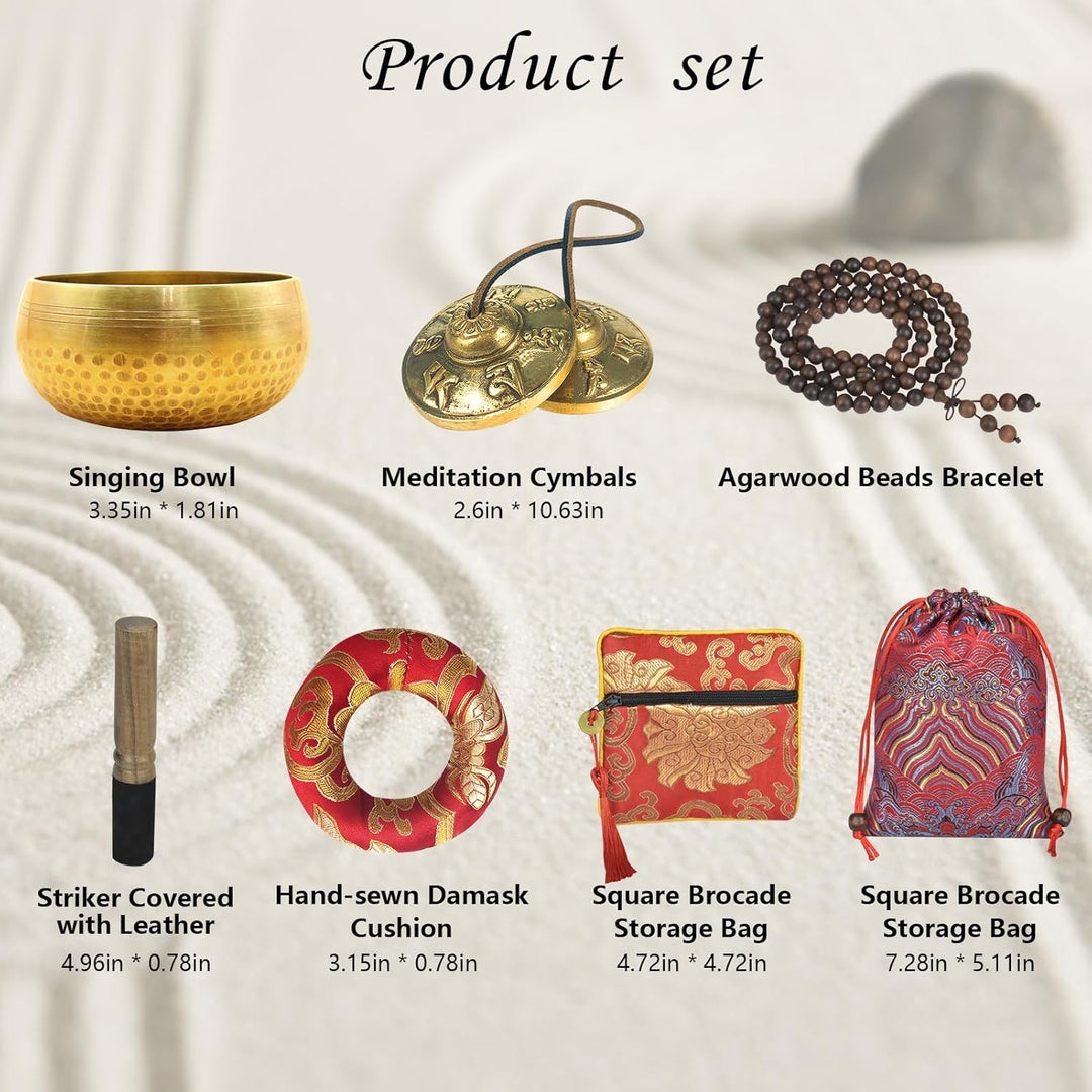 Artcome 7PCS Tibetan Meditation Set - Tibetan Singing Bowl & Tibetan Tingsha Cymbals Bells Handmade