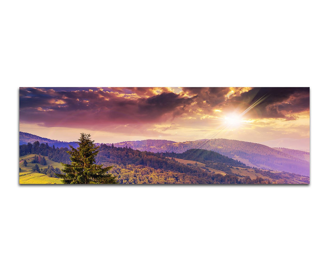 Paul Sinus Art Panoramabild auf Leinwand und Keilrahmen 150x50cm Berge Wald Wiesen Wolken Sonnenaufg