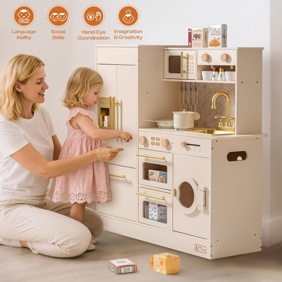 ROBUD Kinderküche aus Holz, Spielküche für Kinder mit 17 realistischen Zubehörteilen, Küchenspielzeu