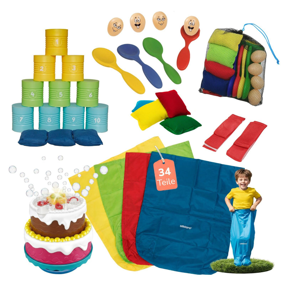 alldoro 68706 XXL Party Bundle 34-TLG, Dosenwerfen, 4 XL Partygames & magische Seifenblasentorte, fü