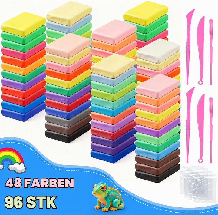 98 Beutel Knete, 48 Farbe Modelliermasse Lufttrocknend, Lufttrockener Knete für Kinder, Modelliermas