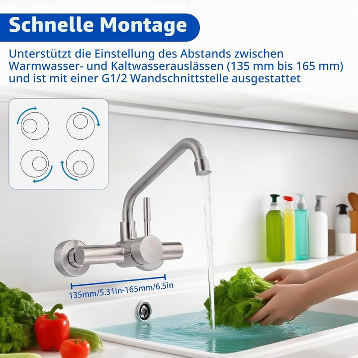 iFCOW Wandmontierte Küchenarmatur schwenkbare Einhebelmischbatterie 304 Edelstahl Warm- und Kaltwass