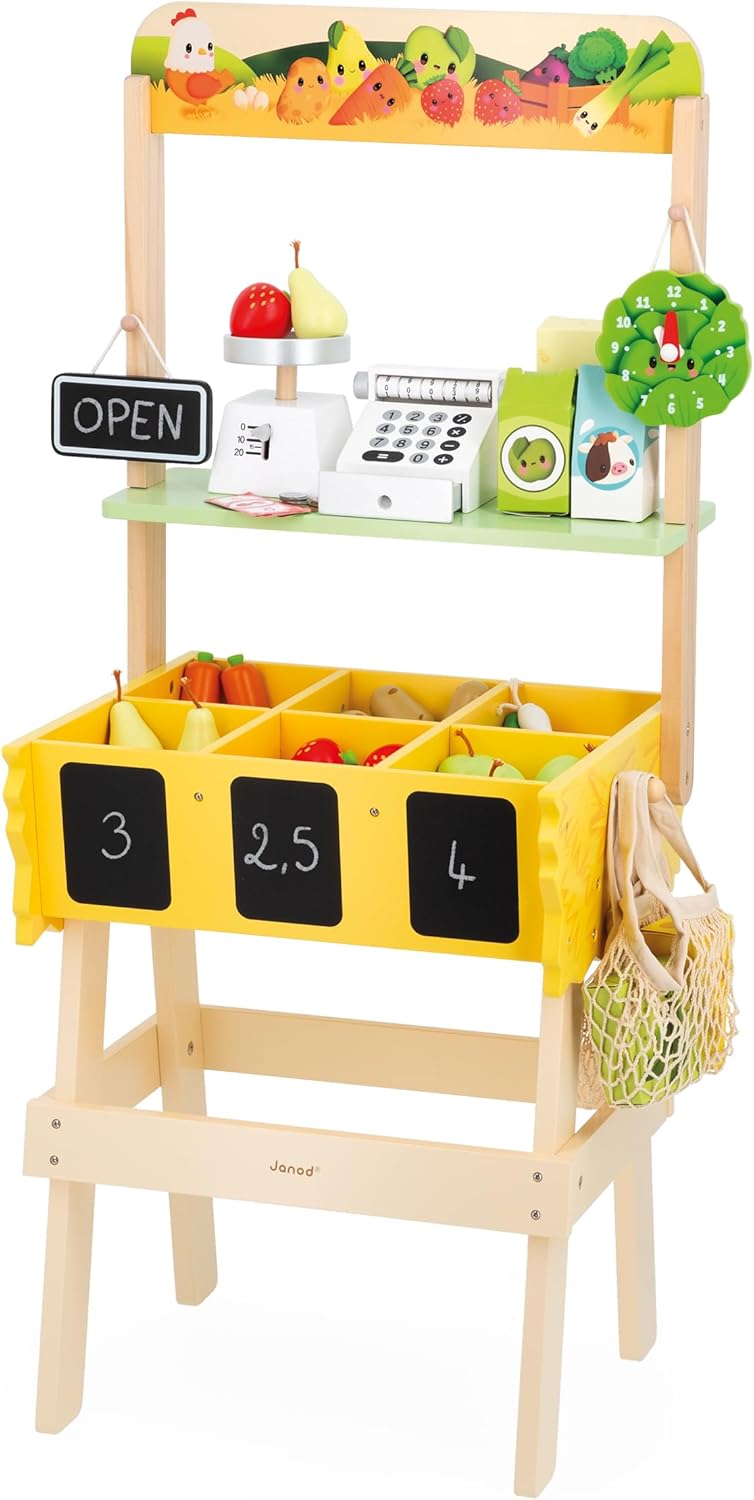 Janod - Kinder-Kaufladen Farm Market - Rollenspiel Kind - 32 Zubehörteile - Fördert die Fantasie - S