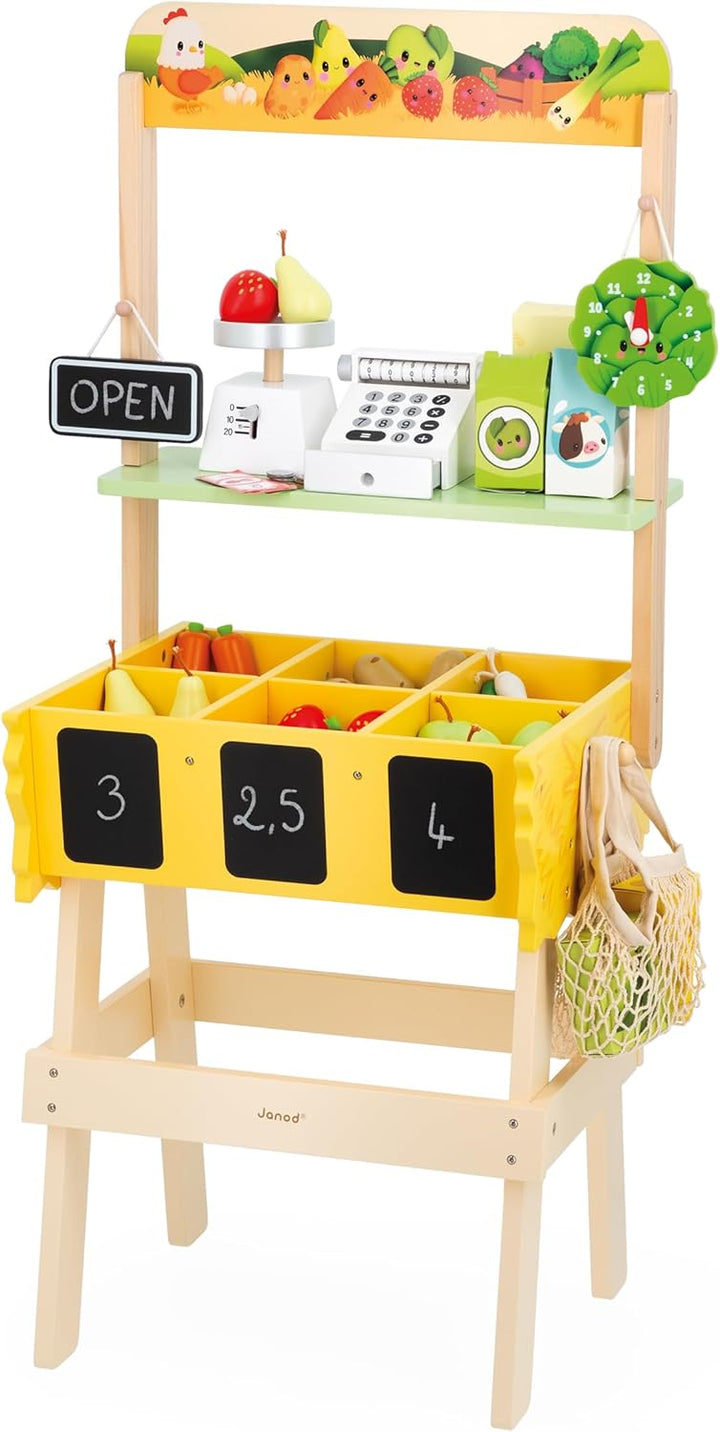 Janod - Kinder-Kaufladen Farm Market - Rollenspiel Kind - 32 Zubehörteile - Fördert die Fantasie - S