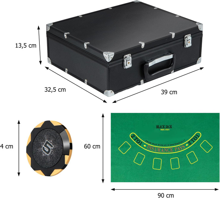 DREAMADE Pokerkoffer mit 300 Laser Poker Chips/ 2 Pokerkarten Set/Kartenmischer/Kartengeber/Spielmat