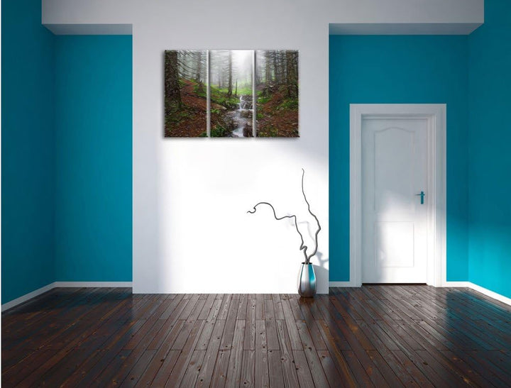 Pixxprint Bach im Wald / 3-Teilig/Gesamtmass 120cm Leinwandbild bespannt auf Holzrahmen/Wandbild Kun