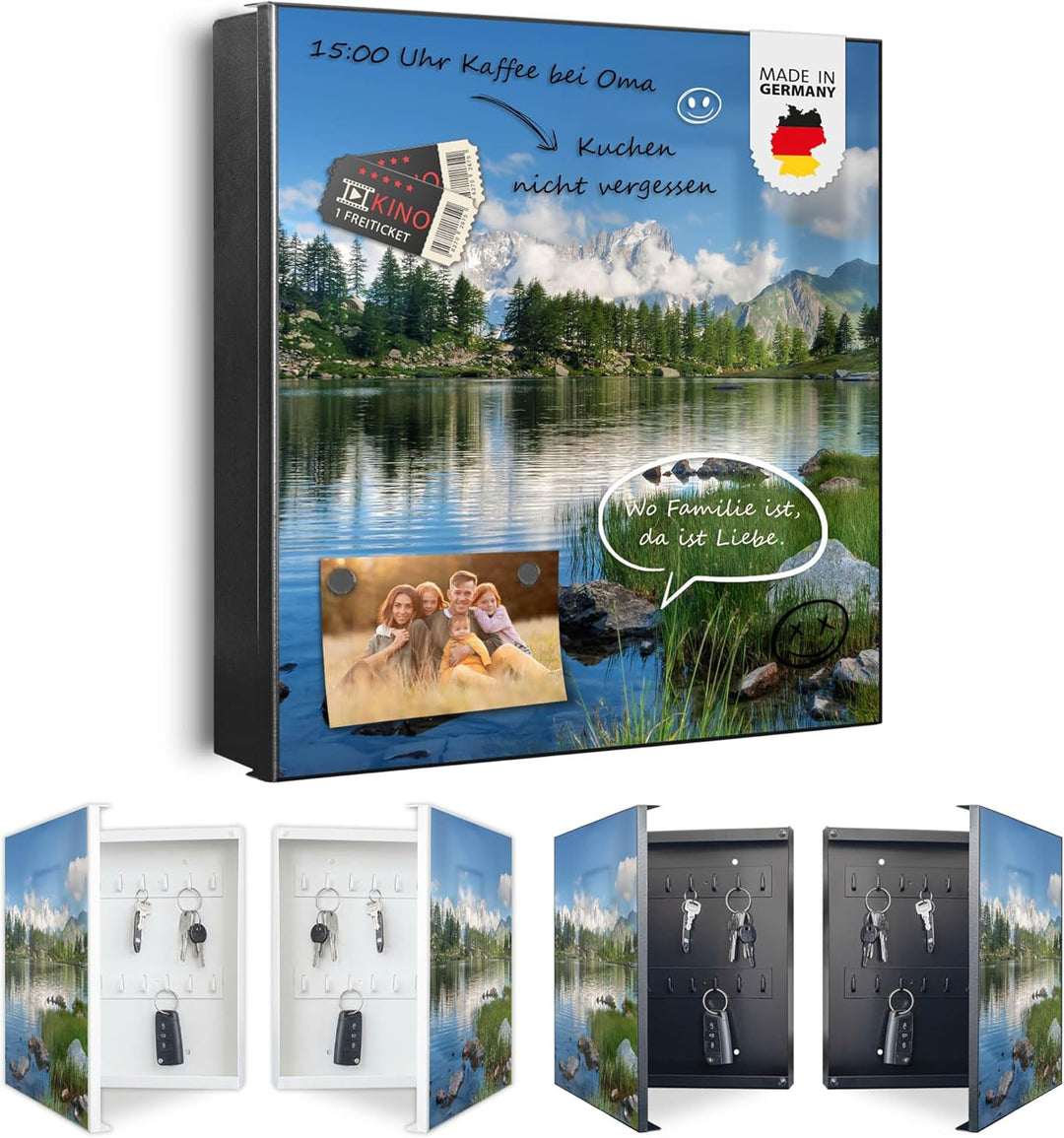 banjado® Grosser Schlüsselkasten Glas/Schlüsselbox 30cm x 30cm mit 50 Haken - Motiv Gebirgssee/Schlü