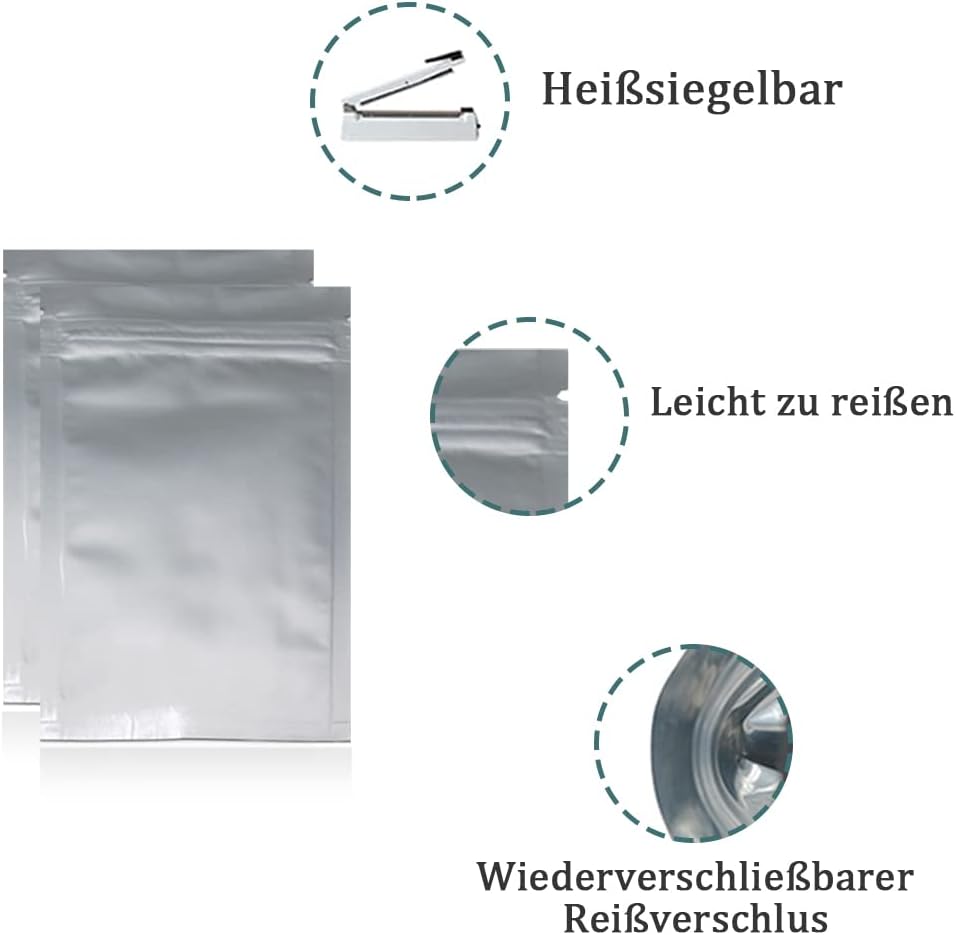 100 Stück Flache Mylar Taschen mit Reissverschlussverschluss Lebensmittel Aufbewahrung Silber Alumin