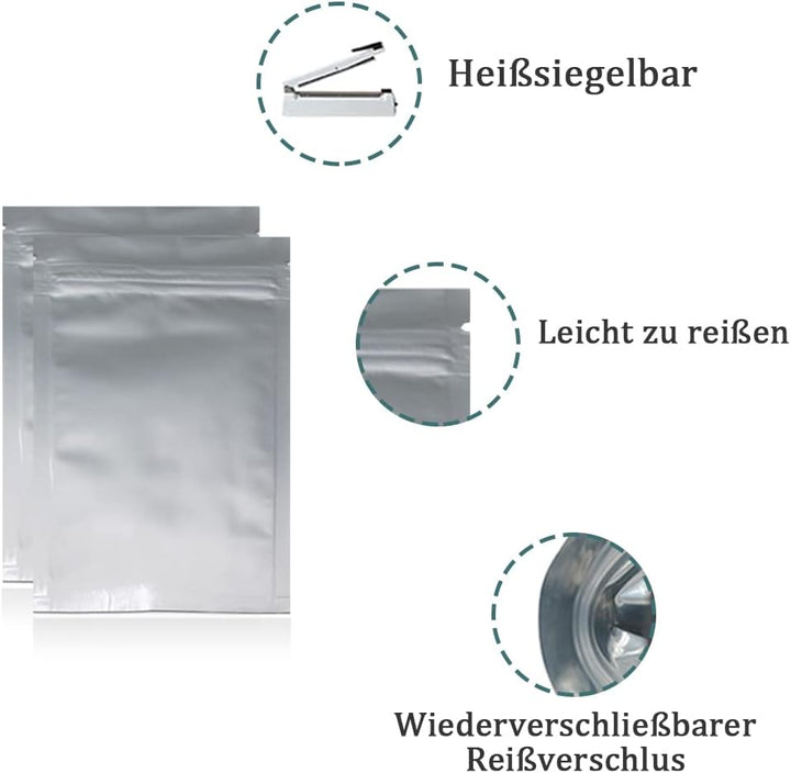 100 Stück Flache Mylar Taschen mit Reissverschlussverschluss Lebensmittel Aufbewahrung Silber Alumin