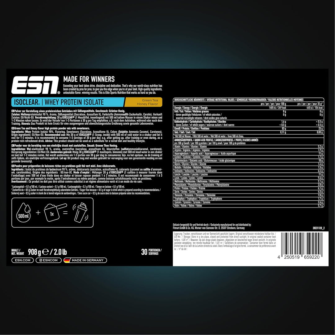 ESN ISOCLEAR Whey Isolate Protein Pulver, Green Tea Honey, 908 g, Clear Whey