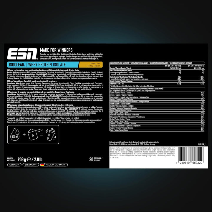 ESN ISOCLEAR Whey Isolate Protein Pulver, Green Tea Honey, 908 g, Clear Whey