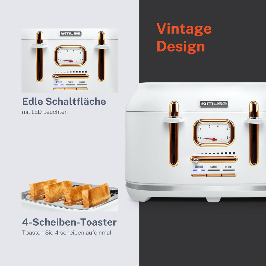 Muse Edelstahl-Toaster im weissen Retro Design, analoge Anzeige, beleuchtete Tasten, 6 Bräunungsstuf