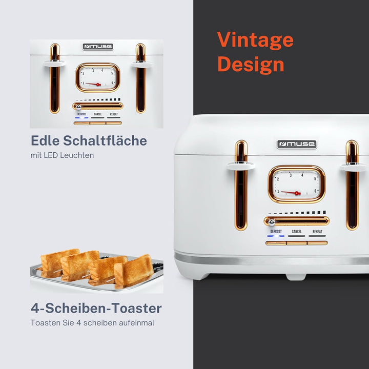 Muse Edelstahl-Toaster im weissen Retro Design, analoge Anzeige, beleuchtete Tasten, 6 Bräunungsstuf