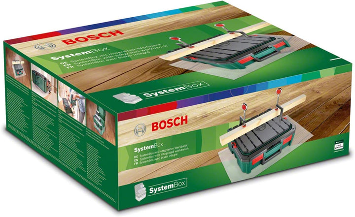 Bosch Workbox SystemBox mit integrierter Werkbank-Auflage (Grösse S, Zubehör für Bosch Stichsäge PST