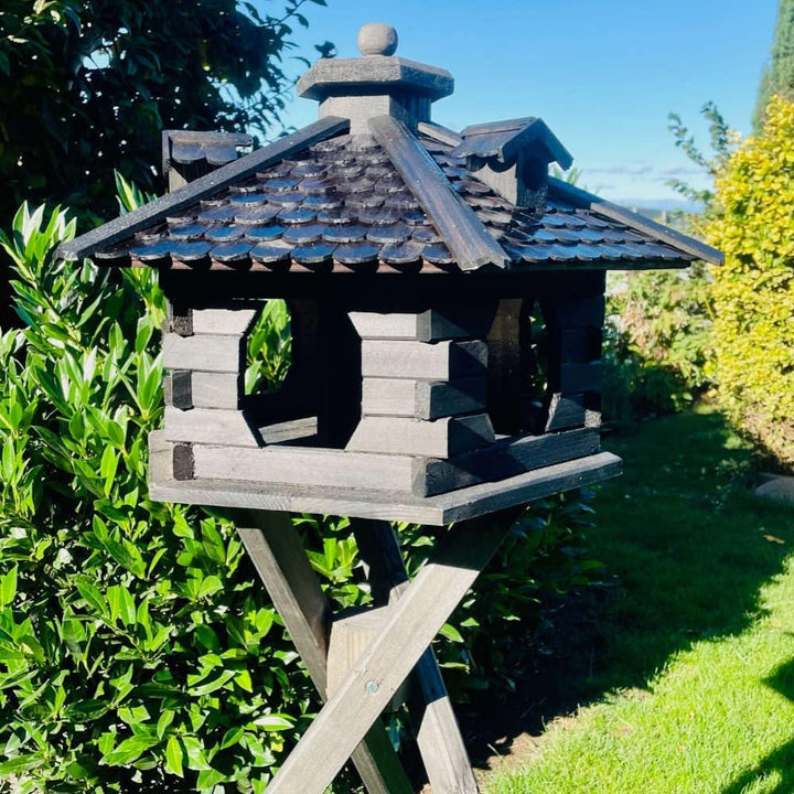Vogelfutterhaus XL Sechseck Vogelhaus + Ständer Futterstelle Dunkelbraun XL mit Ständer Dunkelbraun,