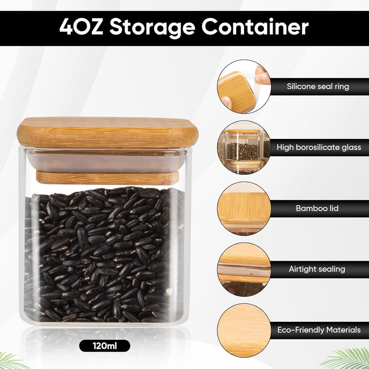 Gewürzgläser Eckig 12er Set,120ml Gewürz Organizer Gewürzdosen Set Bambusdeckel,Gewürzstreuer Glas G