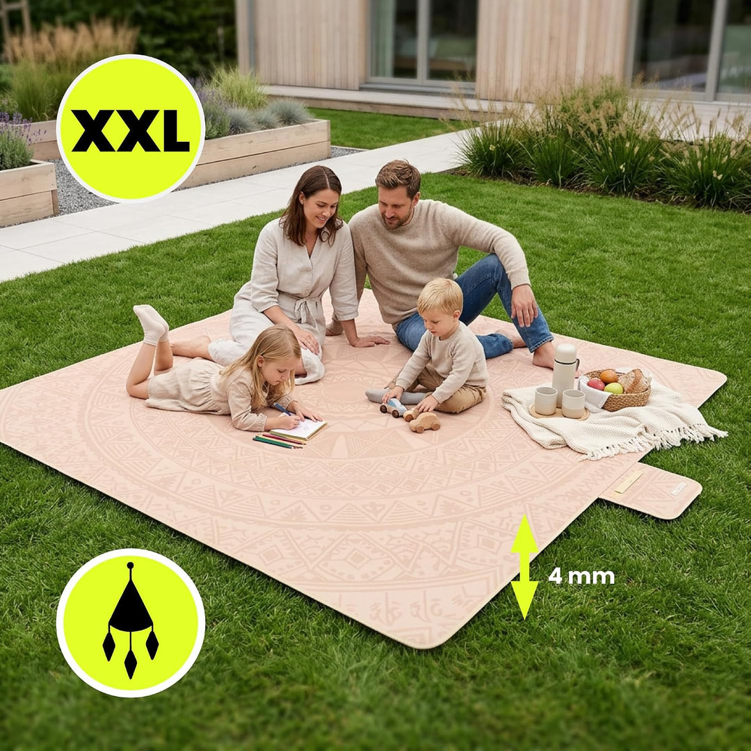 HyperMotion Picknickdecke XXL 200x200 cm Boho wasserfest Beige | XXL Picknickdecke mit wasserfester
