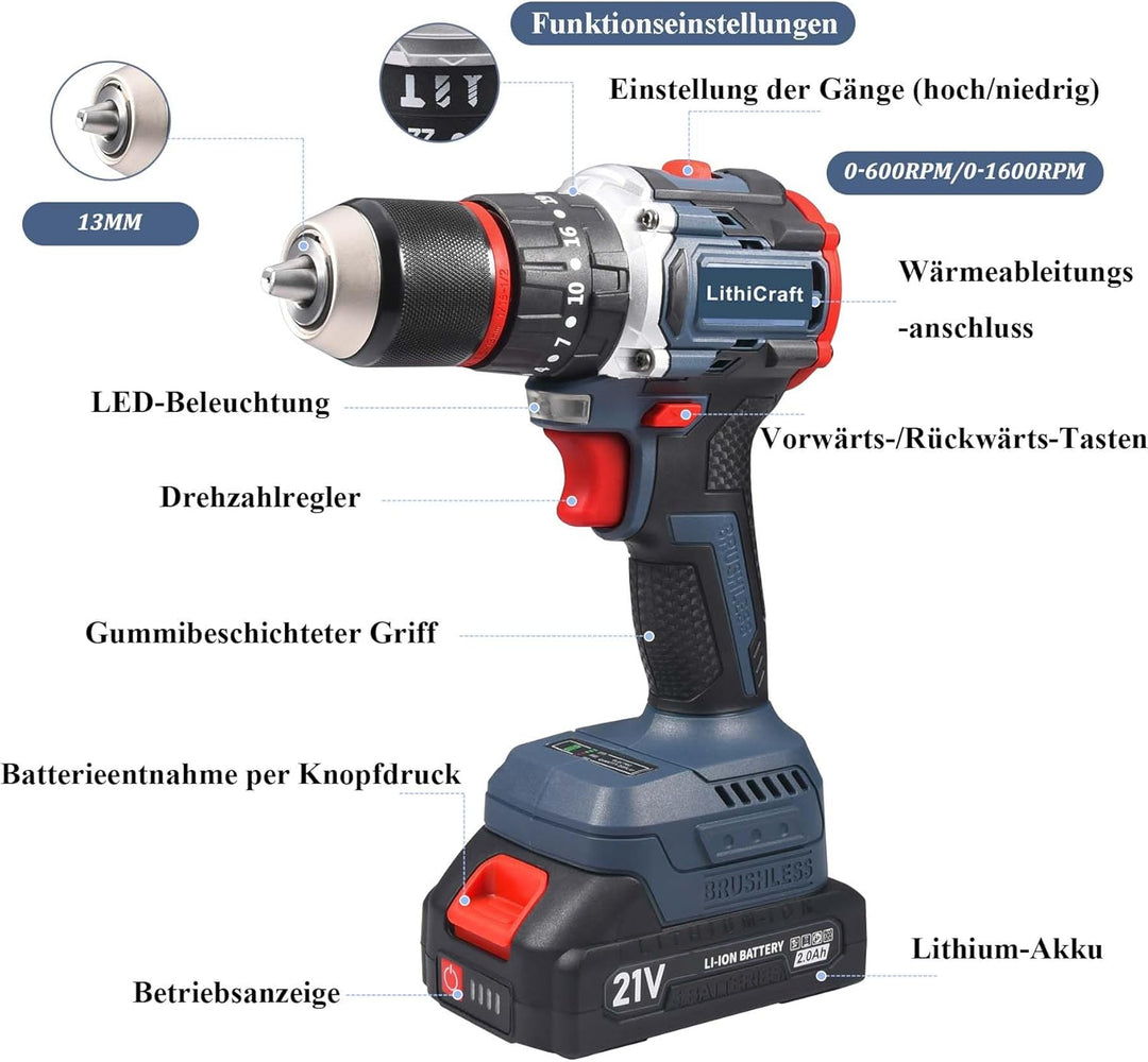 Akkubohrschrauber 21V mit Bürstenlosem Motor, 13mm Schnellspannbohrfutter, 3-in-1 Schlagbohrschraube