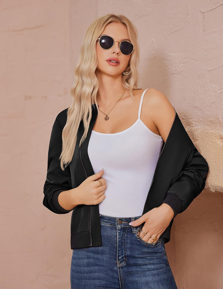 Zeagoo Bomberjacke Damen Kurz Blouson Jacket leichte Fliegerjacke Langarm Casual Frühling Pilotenjac