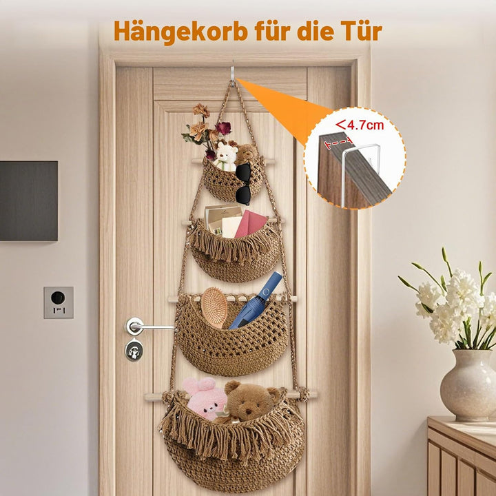 4 Stöckig Hängender Organizer Wand Hängekorb, Baumwollseil Hängeorganizer Tür Wandkorb mit 4 Haken,