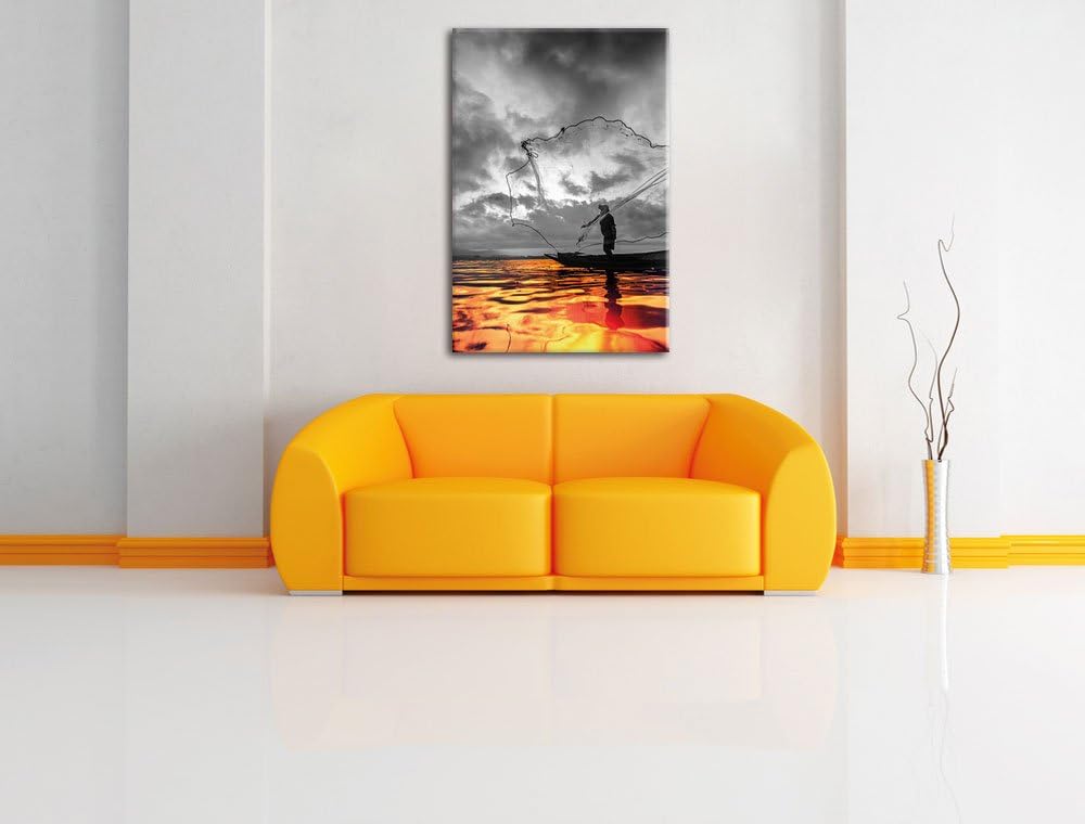 Pixxprint Angler mit grossem Fangnetz auf See als Leinwandbild/Grösse: 100x70 cm/Wandbild/Kunstdruck
