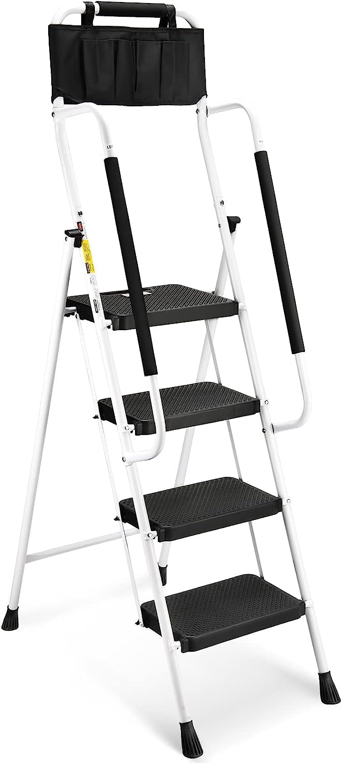 HBTower Leiter 4 Stufen, Trittleiter mit Handläufen, klappbarer Tritthocker mit ansteckbarer Werkzeu