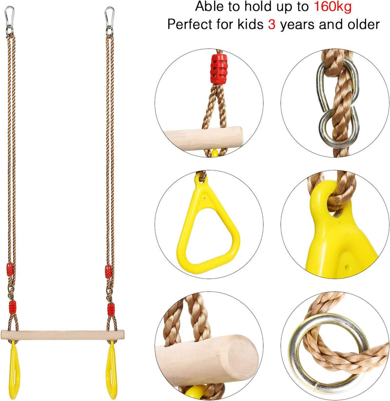 PELLOR Multifunktions Kinderholz Trapeze Schaukel mit Kunststoff Turnringe zum Aufhängen belastbar b