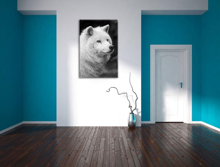 prächtiger Polarwolf schwarz/weiss auf Leinwand, XXL riesige Bilder fertig gerahmt mit Keilrahmen, K
