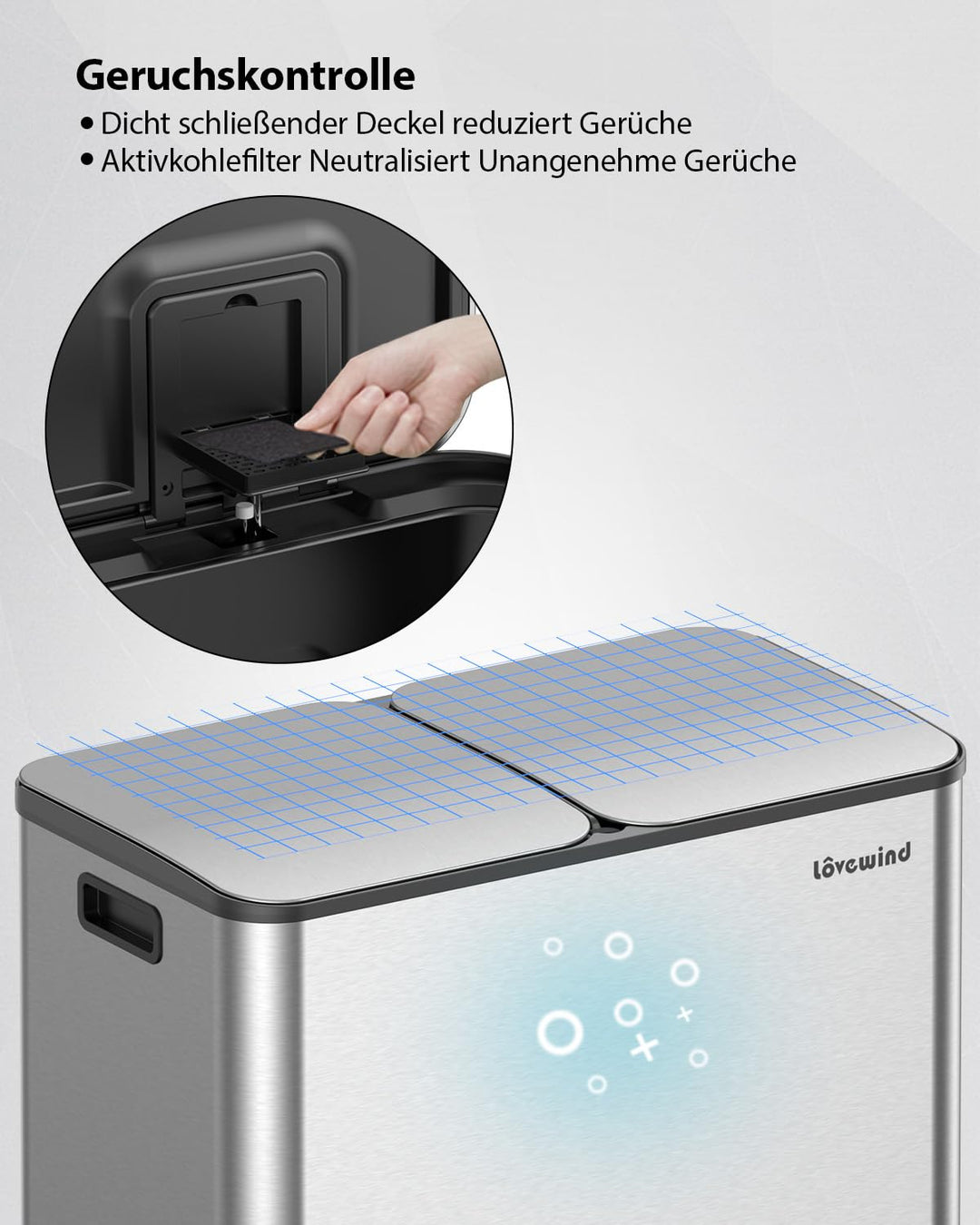 lovewind Mülleimer, 2 x 40L Mülleimer Küche, Doppeleimer für Recycling und Abfall, Silber, Mülleimer