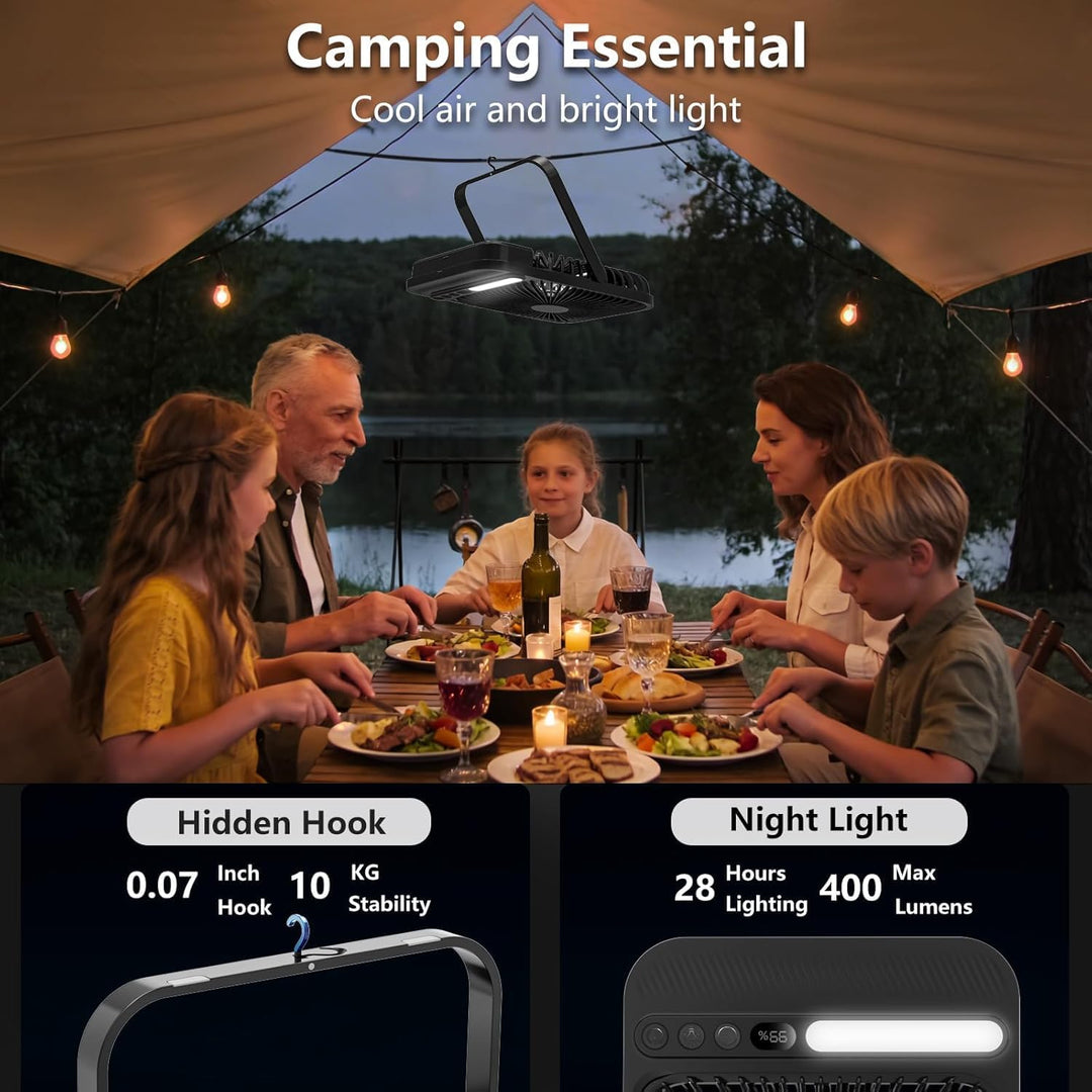 10000mAh Akku Ventilator, Sehr Leiser Tischventilator mit Lampe, 23 cm hoch, bis zu 28 Std. Laufzeit