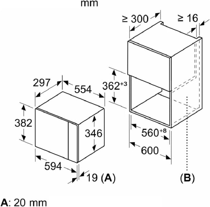 Balay Einbau-Mikrowelle, Höhe 38 cm, 5 Leistungsstufen, Aqualisis, Drehteller 25,5 cm, schwarzes Gla