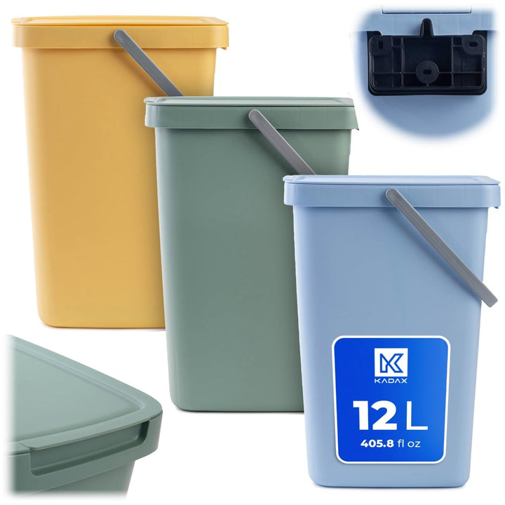 KADAX Abfallbehälter 12L, 3er Set, Abfalleimer aus Plastik mit Deckel und Griff, Mülleimer für Müllt