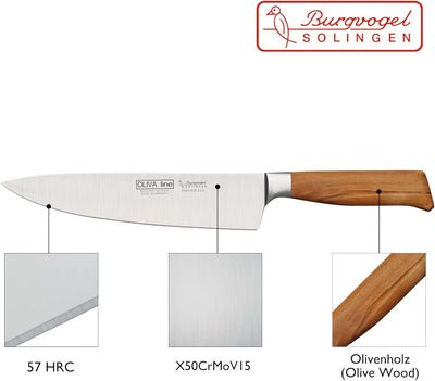 Burgvogel Solingen Kochmesser 23 cm geschmiedet Olivenholz, Oliva Line, rostfrei, deutsches Küchenme