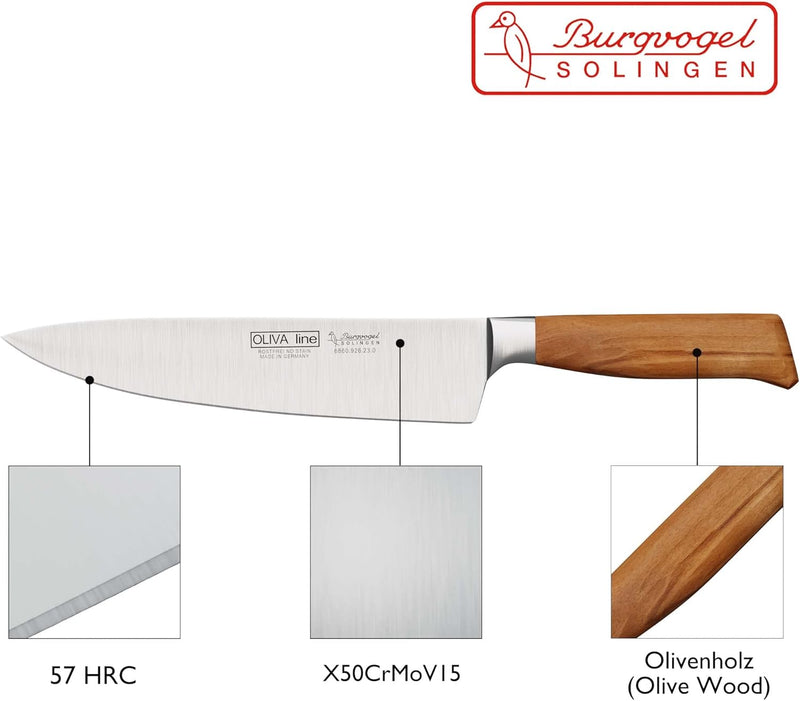 Burgvogel Solingen Kochmesser 23 cm geschmiedet Olivenholz, Oliva Line, rostfrei, deutsches Küchenme