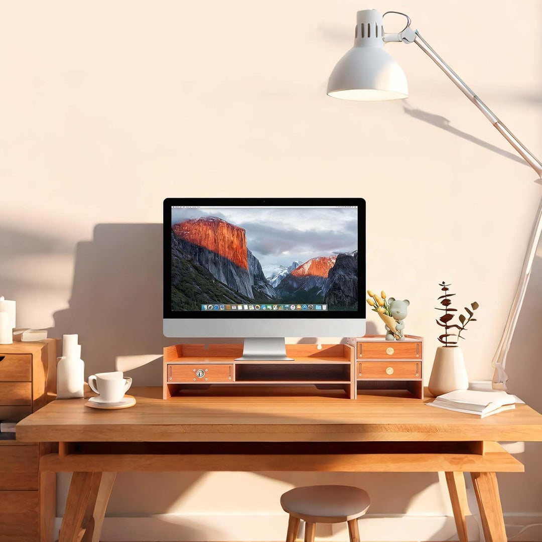 Monitorständer mit Schublade, 65,5cm Bildschirmerhöhung aus Holz für PC &amp; Laptop, Schreibtisch Organ