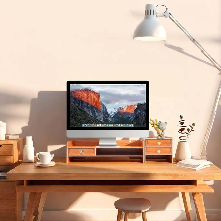 Monitorständer mit Schublade, 65,5cm Bildschirmerhöhung aus Holz für PC &amp; Laptop, Schreibtisch Organ