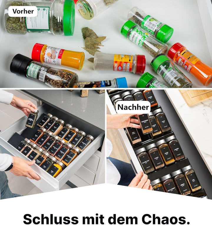 Deco haus® Gewürzregal Schublade aus Metall [MIT 24 GEWÜRZGLÄSER & ETIKETTEN] - Gewürzeinsatz Schubl