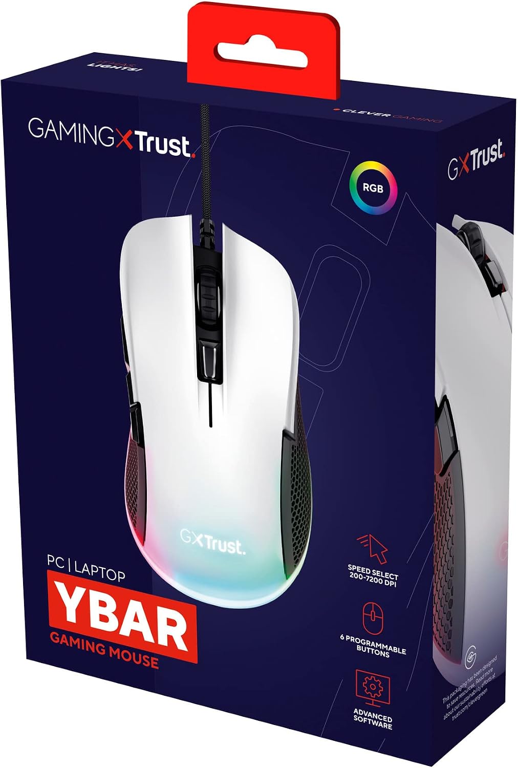 Trust Gaming GXT 922W Ybar Gaming Maus mit RGB LED-Beleuchtung, 200-7200 DPI, USB Kabel 2,1 m, Erwei