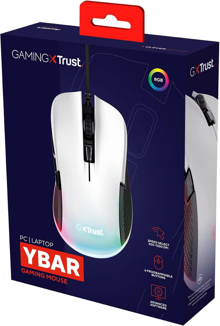 Trust Gaming GXT 922W Ybar Gaming Maus mit RGB LED-Beleuchtung, 200-7200 DPI, USB Kabel 2,1 m, Erwei