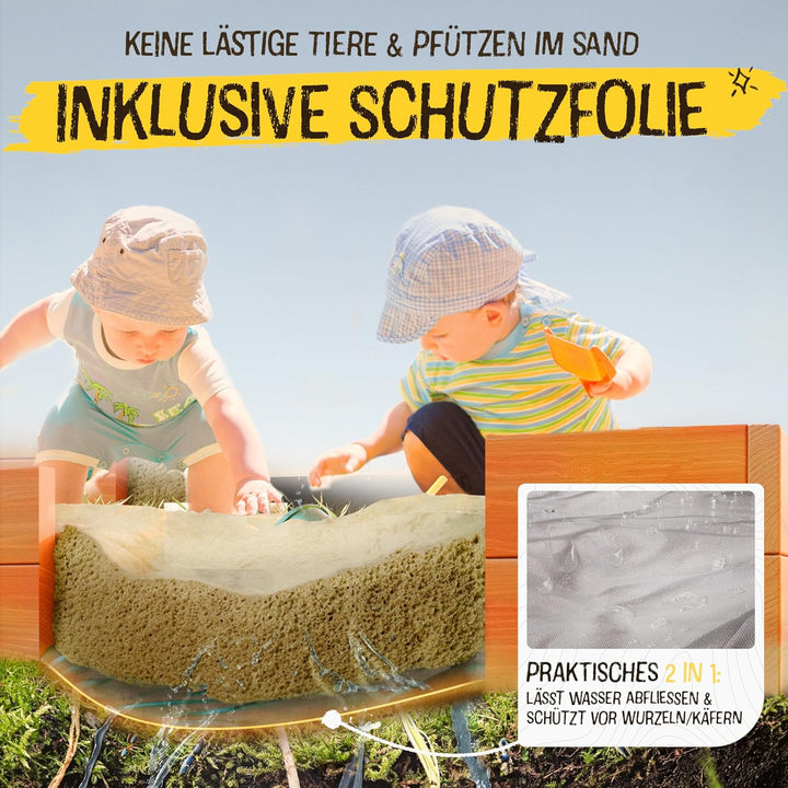 FRIEDO Sandkasten mit Abdeckung 120x40cm aus lasiertem Holz und Deckel I Sandkasten mit Matschküche
