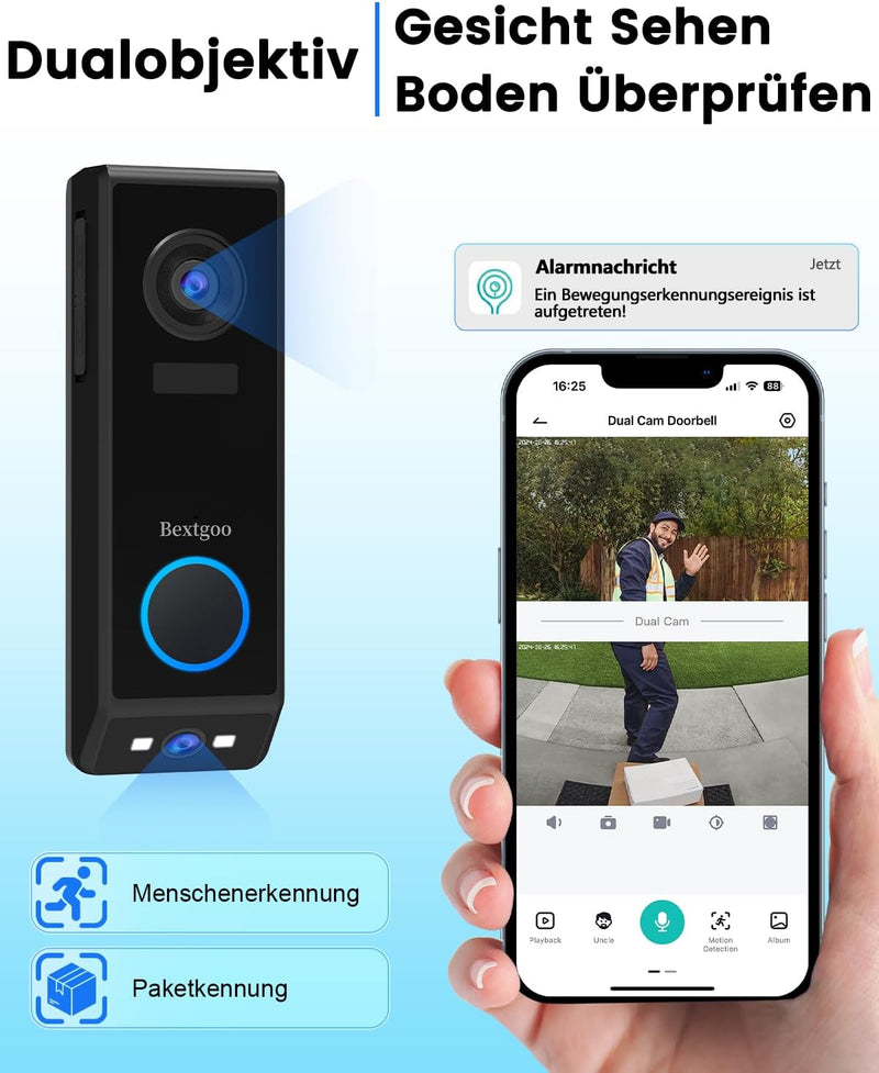 Video Türklingel mit Doppelkamera, Bextgoo 2K HD Türklingel mit Kamera Kabellos, 10000mAh Akku, Bewe